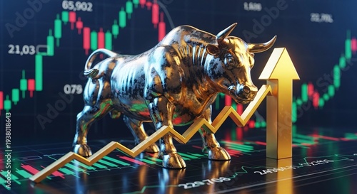 Golden bull statue symbolizing financial growth and market success against a backdrop of stock charts.