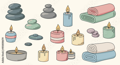 Relaxing Spa Elements Collection With Candles Hot Stones And Rolled Towels For Wellness And Serenity
