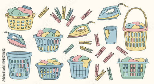 A charming collection of laundry essentials including baskets irons and clothespins in a delightful pastel color palette