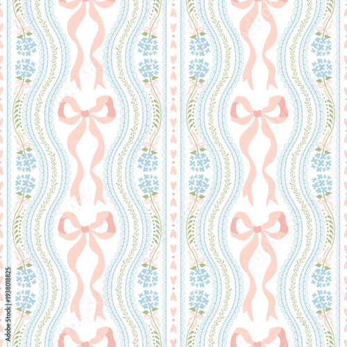 Preppy floral and ribbons striped seamless pattern. Hand drawn elegant pink bows, hydrangea, grand millennial vertical stripes. Vector vintage print, repeat background, coquette textile design, wrap.