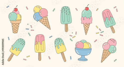 A delightful assortment of colorful ice cream cones and popsicles adorned with sprinkles and cherries perfect for summer treats and frozen desserts
