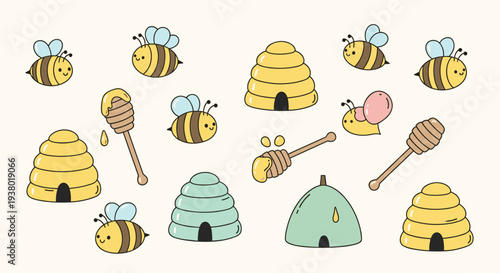 Cute cartoon bees and beehives with honey dippers on a pale background, perfect for children's designs and summer themes