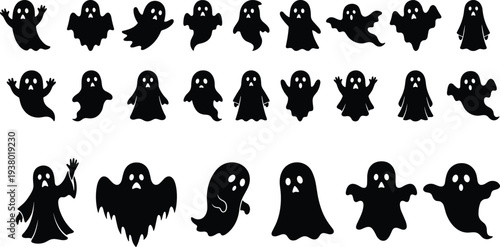 Collection of spooky ghost silhouette icons in various flying poses for Halloween holiday decoration party design and cad drawing flat vector illustration