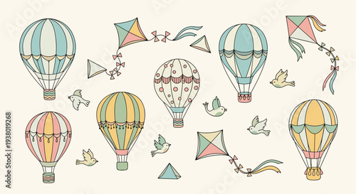 Whimsical Hot Air Balloons and Kites Fluttering in a Dreamy Sky with Birds and Triangular Banners