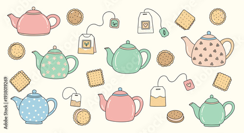 Charming collection of teapots and tea bags with cookies in a delightful pastel color palette perfect for culinary themes