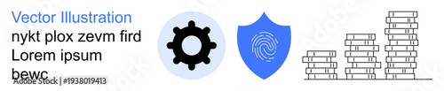 Technology, data protection, financial security, authentication, cybersecurity, automation. Gear icon, shield with fingerprint and coin stacks. Technology and data protection concepts visually