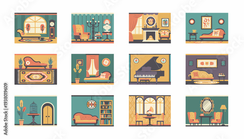 Retro Living Room Interiors Pixel Art Collection