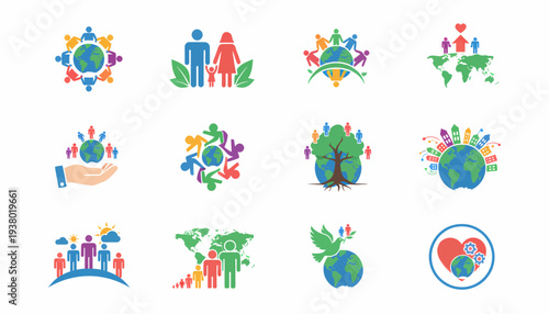 Global Community Icons: Diversity, Unity, Family, and Earth Concepts