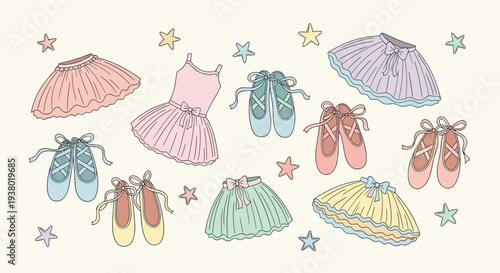 Charming collection of ballet slippers and tutus in pastel colors, evoking a sense of childhood dreams and artistic expression