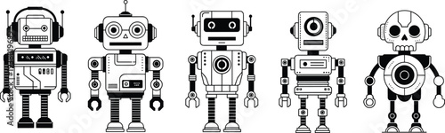Collection of vintage retro robot character icons in black and white line art style for artificial intelligence technology and automation concepts