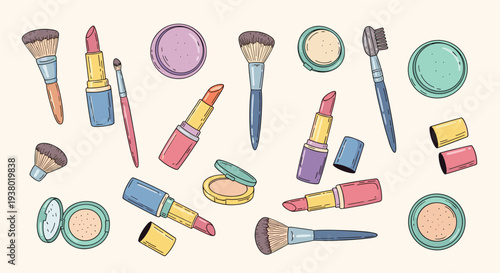 Collection of colorful makeup items and beauty products arranged on a light background for cosmetic and fashion themes
