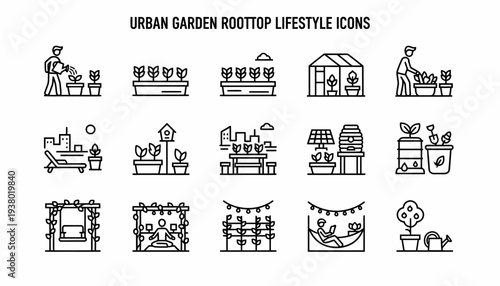 Urban Garden Rooftop Lifestyle Icons Set
