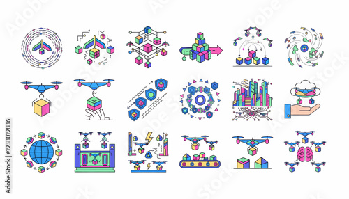 Abstract Technology Icons: Blockchain, Drones, AI, Data, Network Concepts