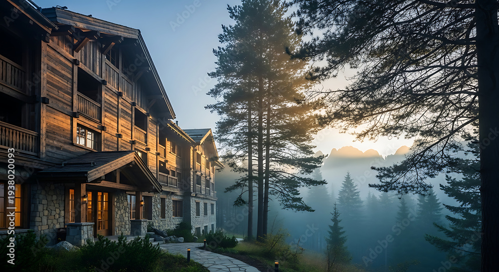 Obraz premium Luxury Chalet in Misty Mountains high background