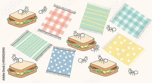 Cute cartoon ants stealing sandwiches from picnic blankets on a light background