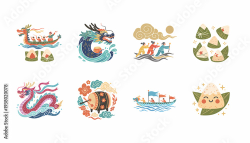 Dragon Boat Festival Icons: Dragon, Zongzi, Drum, Boat Race