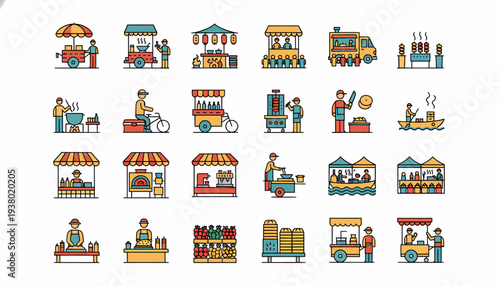 Street Food Market Icons: Kiosks, Trucks, Carts, and Vendors