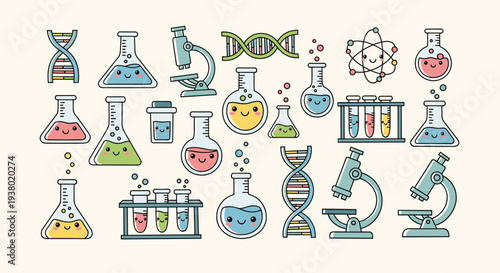 Cute science laboratory equipment and dna strands with smiling faces for educational and research concepts