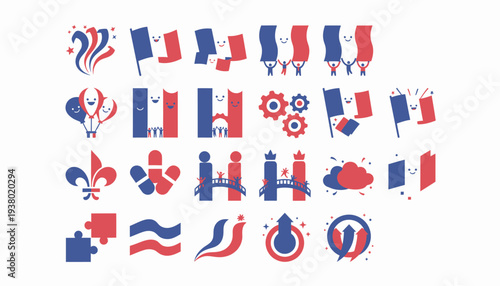 French Symbols Icons: Flags, Fleur-de-lis, Bridges, Gears, Puzzles
