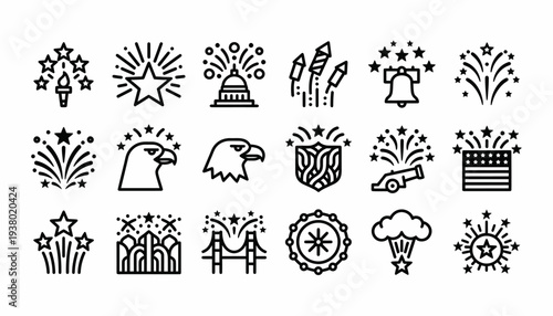 USA Independence Day Icons: Fireworks, Eagle, Capitol, Flag, Bell