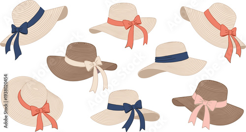 Women Straw Summer Hat Collection with Ribbon Bows Flat Vector Illustration Set Fashion Beach Sun Hat Accessories Isolated Design