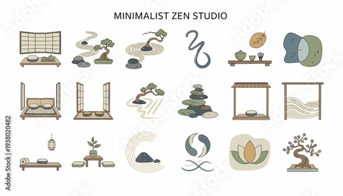 Minimalist Zen Studio Icons - Bonsai, Zen Garden, Meditation Elements
