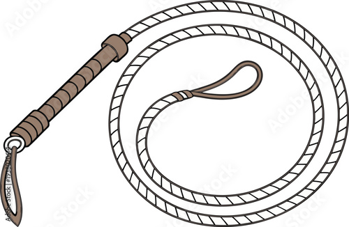 Leather Whip Tool With Handle. Traditional Whip Farming Equipment. Long Whip With Curved Handle. Classic Whip Tool Isolated Object. Ranch Whip Tool For Livestock. Flexible Whip With Handle Design