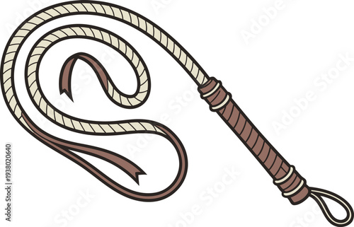 Leather Whip Tool With Handle. Traditional Whip Farming Equipment. Long Whip With Curved Handle. Classic Whip Tool Isolated Object. Ranch Whip Tool For Livestock. Flexible Whip With Handle Design