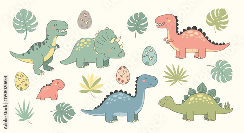 Cute cartoon dinosaurs and prehistoric plants in a playful and colorful illustration perfect for children's themes