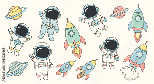 Cute cartoon astronauts and rockets exploring the galaxy with planets and stars in a whimsical space adventure illustration