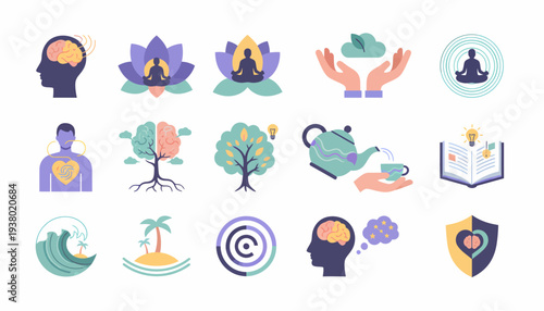 Mindfulness and Wellbeing Icons Set: Brain, Lotus, Tree, Tea, Book