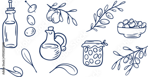Olive oil and olive branch hand-drawn line art vector collection. Set of bottles, jars, and branches for Mediterranean menu, food label, or kitchen design.