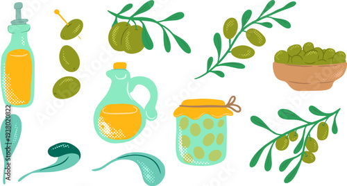 Mediterranean olive oil and olive fruits flat illustration set with texture. Collection of branches, bottles, bowl, and jar for vegan food branding and healthy recipes.