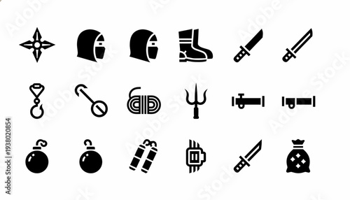 Ninja Icons Set: Weapons, Gear, and Symbols