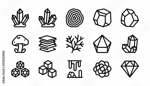 Gemstone Icons Set: Crystals, Minerals, Diamond, Geode, Mushroom