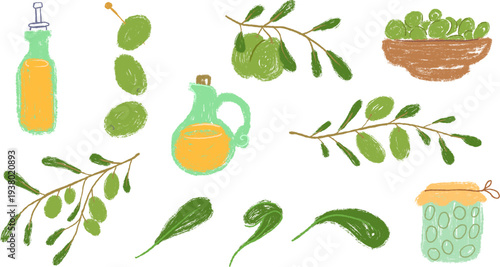Hand-drawn crayon, pencil textured olive oil and fruit collection. Rustic chalk sketch of bottles, branches, and jar isolated on white background. Vector illustration for children book, kitchen, game.
