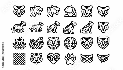 Tiger Icons Set: Wildlife, Heraldry, and Patterns