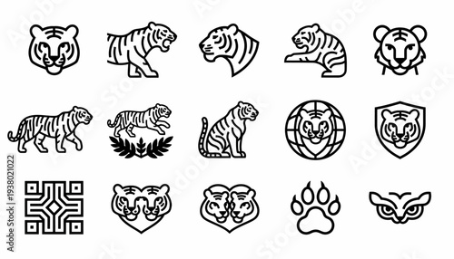 Tiger Icons Set - Line Art and Symbols