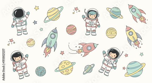 Charming illustration of astronauts and planets in space with rockets flying through stars and galaxies a whimsical cosmic adventure