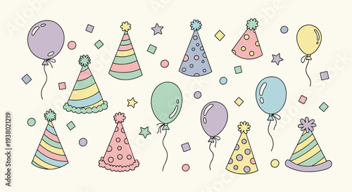 Festive birthday party hats and balloons in pastel colors on a light background celebrating a happy occasion
