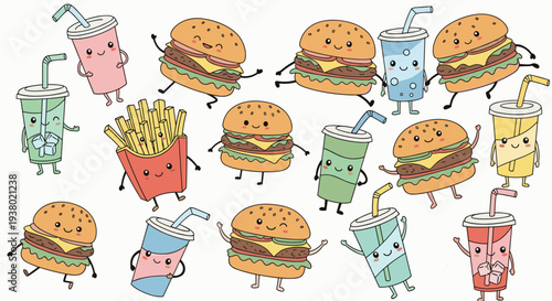 Cute cartoon fast food characters including burgers fries and drinks having fun together on a white background