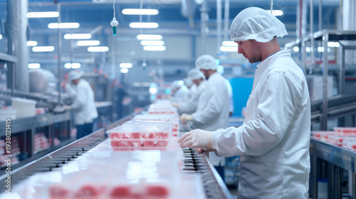 workers on automated conveyor belt in modern food factory