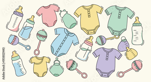 Collection of baby clothes and accessories in pastel colors on a plain background