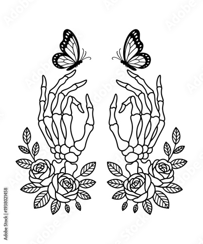 "Skeleton Hands with Roses and Butterflies - Floral Gothic Design"