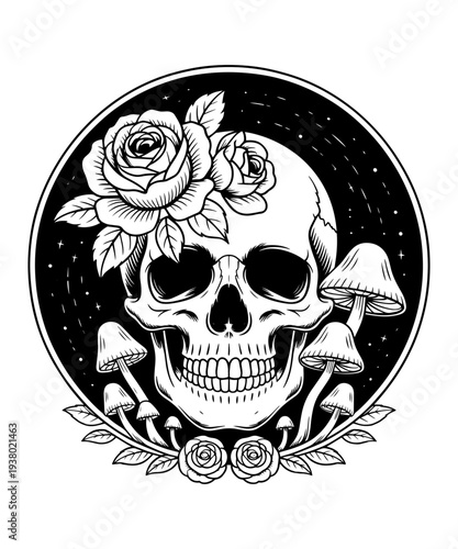 "Skull with Roses and Mushrooms - Dark Floral Design"