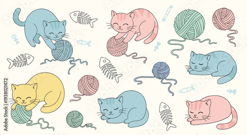 Cute Kittens Playing with Yarn Balls and Fish Skeletons Adorable Feline Friends in Pastel Colors