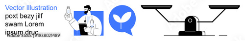 Healthcare, medical advice, sustainability, balance, ethics, decision-making. Doctor holding a flask, speech bubble with leaf icon black-and-white scales. Healthcare and ethics