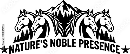 Four horse heads with mountain forest and nature text logo