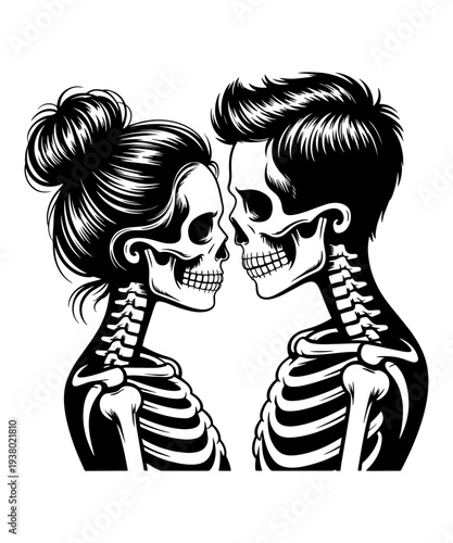 Couple Kissing with Skull Illustrations in Bold Line Art Style