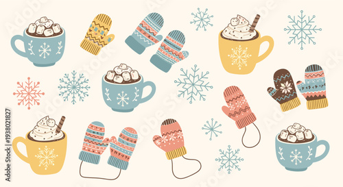 Cozy Winter Scene with Hot Chocolate Mugs and Mittens Decorated with Snowflakes and Festive Patterns
